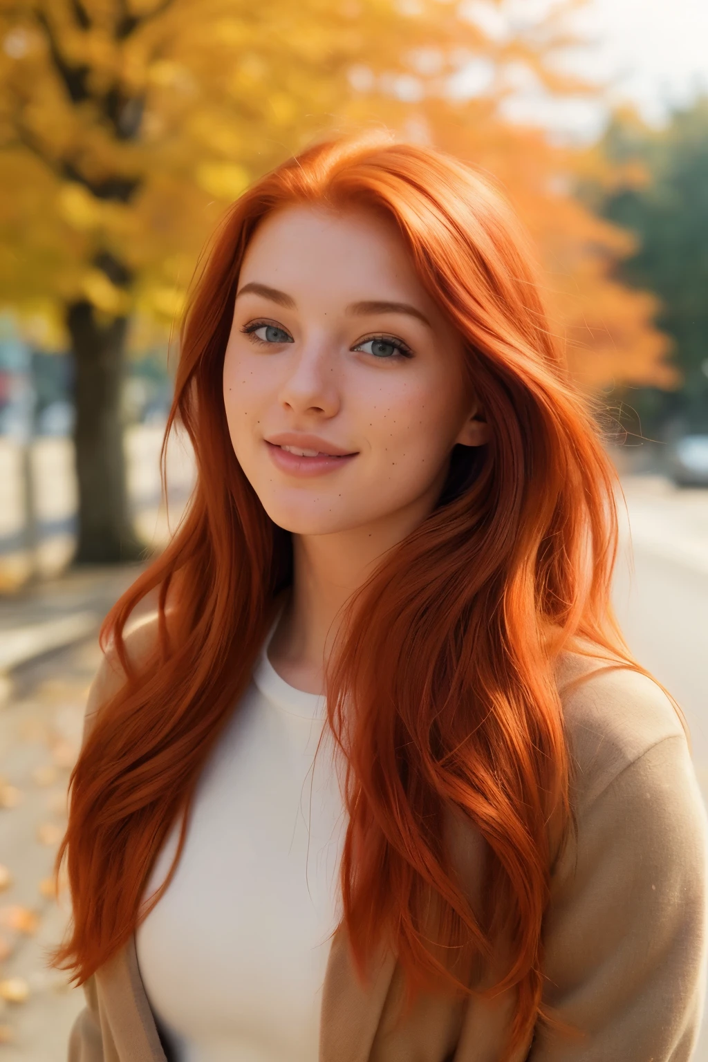 (a closeup of a, Editorial photo of a 21-year-old red-haired woman), (Highly detailed face:1.4) (Smile:0.7) (The background inside is autumn, The street is sunny, private study:1.3) ass pov, Nikon D850, film stock photograph ,4 Kodak Portra 400 ,camera f1.6 lens ,saturated colors ,hyper realistic ,lifelike texture, dramatic lighting , Cinestill 800,