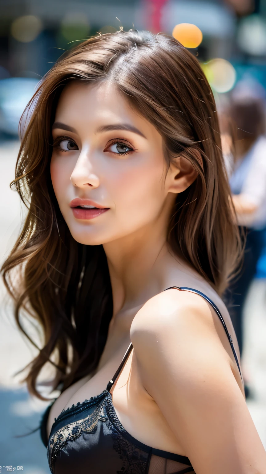 ((highest quality, 8k, masterpiece: 1.3)), sharp focus: 1.2, beautiful woman with perfect style: sexy lingerie, (dark brown hair, big: 1.2)), (Natural light, city street: 1.1), Highly detailed face and skin texture, fine eyes, double eyelid, Close your eyes and ask for a kiss,