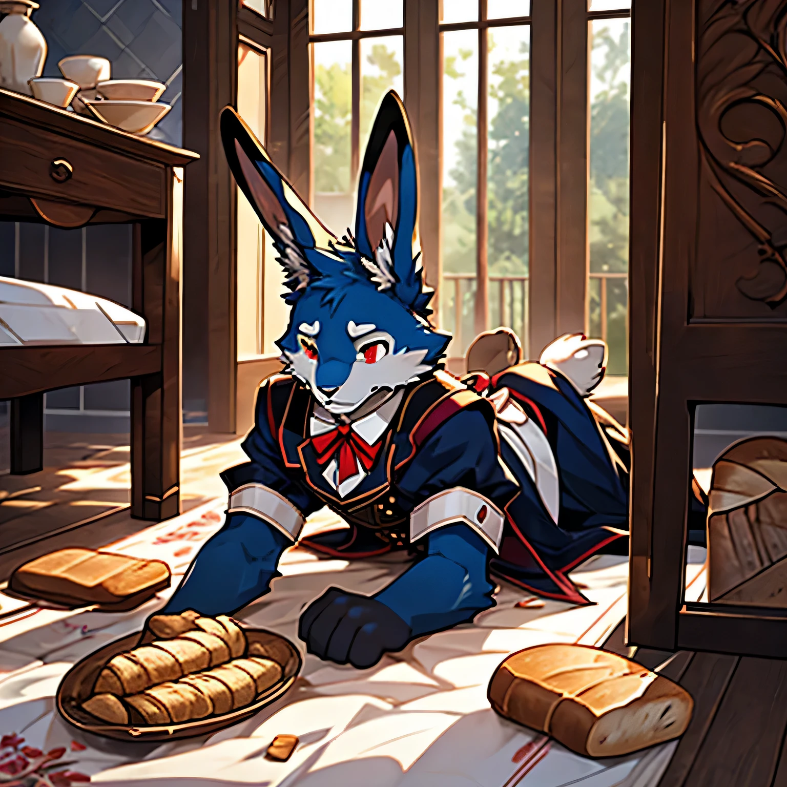 4K, actual, high detail, super detailed, Beautifully,rabbit,Long-eared rabbits,blue fur,Red eyes,Slender figure,aldult,male,Valet parking,Servant outfit,stupid,Fall to the ground,Milk and bread are scattered on the floor,cry,near bed
