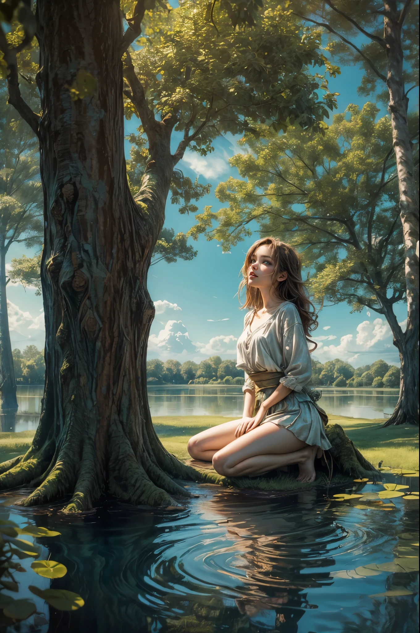 ((fascinating)) Pond settings, Beautiful girl kneeling serenely,close to the viewer ((dynamic cloudscape)), ((twisted and awkward tree trunk)), ((soft natural light)), digital art, ((vibrant color palette)), highest quality
