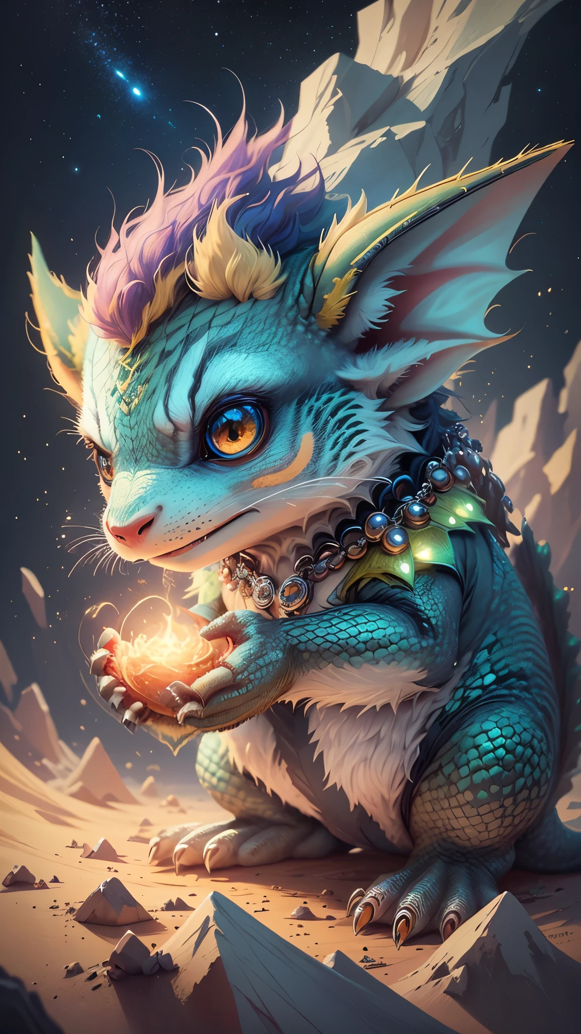 Gorgeous surreal dragon,With realistic eyes and bright different colors,Taking care of necklace, chibi, Cute and cute, logo design, cartoon, movie lighting effects, charming, 3D vector art, Cute and quirky, fantasy art, Bokeh, Hand Painted, digital painting, soft light, Isometric style, 4K resolution, photorealistic rendering, Highly detailed cleaning, vector image, lifelike masterpiece, Professional photography, Space landscape, Isometric, Vibrant vector