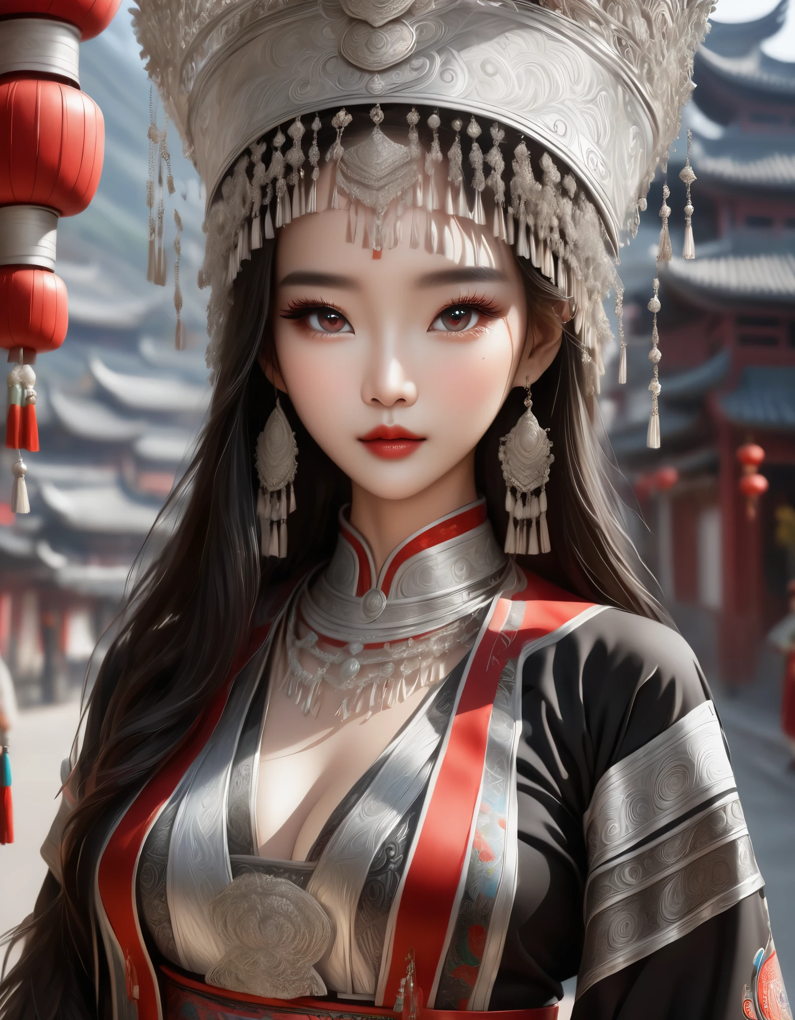 (best quality,8K,masterpiece:1.2),stunning,gorgeous Chinese girl,queen,detailed skin details,bright eyes,gorgeous eyelashes,standing alone,looking at the audience,minority:1.5,silver jewelry:1.2,silver hat crown:1.5,silver tassels:1.37,silver necklace,silver texture,silver sheen,upper body,long sleeves,dark ethnic attire,long skirt:1.2,waist,details of black and red linen fabric,characteristics of Miao ethnic attire,totem)