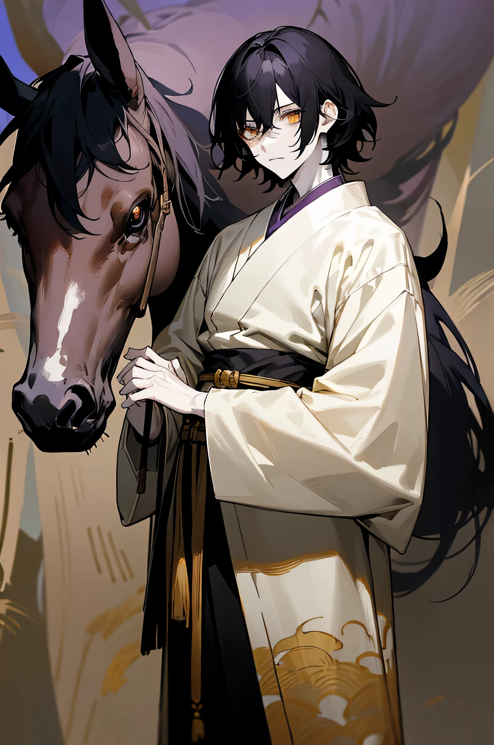 1male , black hair , gold eyes , messy hair , pale skin , white and black haori slightly short sleeves and long sleeves underneath , standing in forest background , facing viewer, somber expression ,Gojo Clothing , purple wrapped belt , lean build, medieval background, on a horse.