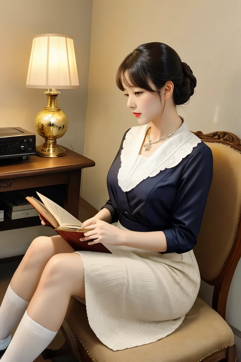 (masterpiece), highest quality, Super detailed, very delicate and beautiful, dynamic angle, dynamic pose, (1 girl), high collar blouse, skirt, silver necklace, White socks and black shoes, read a book with full attention and concentration, Surrounded by Taisho retro atmosphere, record player etc., antique vase, and classic lamp, In the twilight, An elegant room bathed in warm golden light.