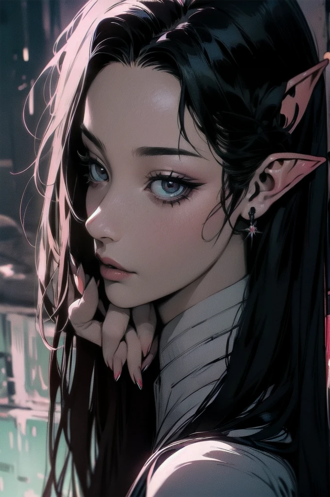 { - anatomy error}(Masterpiece - Ultra-detailed, very high resolution)moonlight, hyper-realistic of a mysterious woman with flowing black hair, ears of elf, piercing opal eyes, and a delicatelace crown, delicate smile, upper body, backwards, looking back, small neck, with chin on shoulder