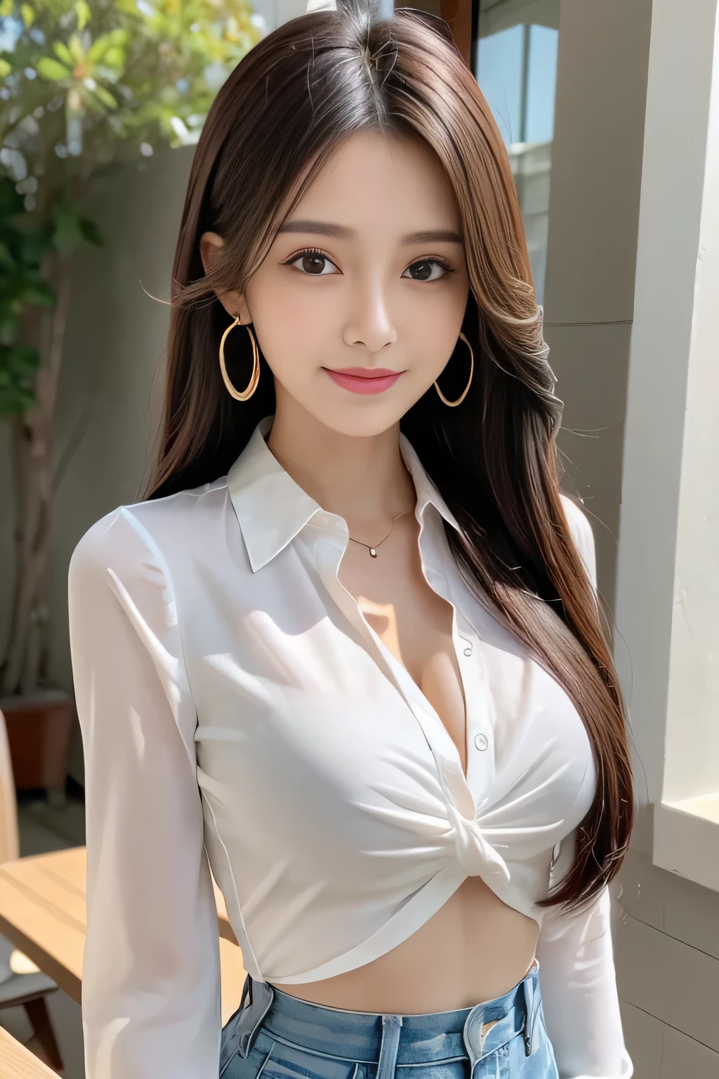 (highest quality, 8K, table top: 1.3)), sharp: 1.2, perfect body beauty: 1.4, slim abs: 1.2, ((long hairstyles, medium breasts: 1.2)), cleavage, (Unbuttoned pale white long shirt: 1.1), Highly detailed face and skin texture, fine eyes, double eyelid, side view looking at camera, innocent, (Excited: 1.3)、cute smile、big earrings、sleeveless、See-through shirt with collar、long hair、hair swaying in the wind、
