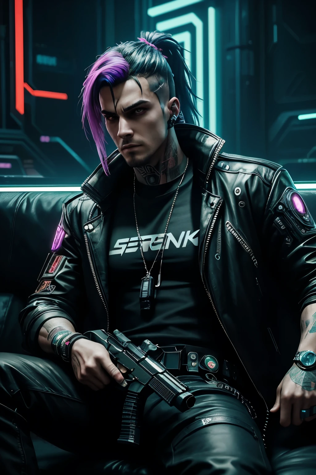 A man sitting on couch with gun, cyberpunk angry gorgeous man, Cyberpunk Style, , Cyberpunk 2 0 y. o model guy, cyberpunk aesthetics, Cyberpunk guy, has cyberpunk style, beautiful , cyberpunk horror style, cyberpunk photo, cyber punk style, Cyberpunk art style, cyber punk style, neon-light-effect.