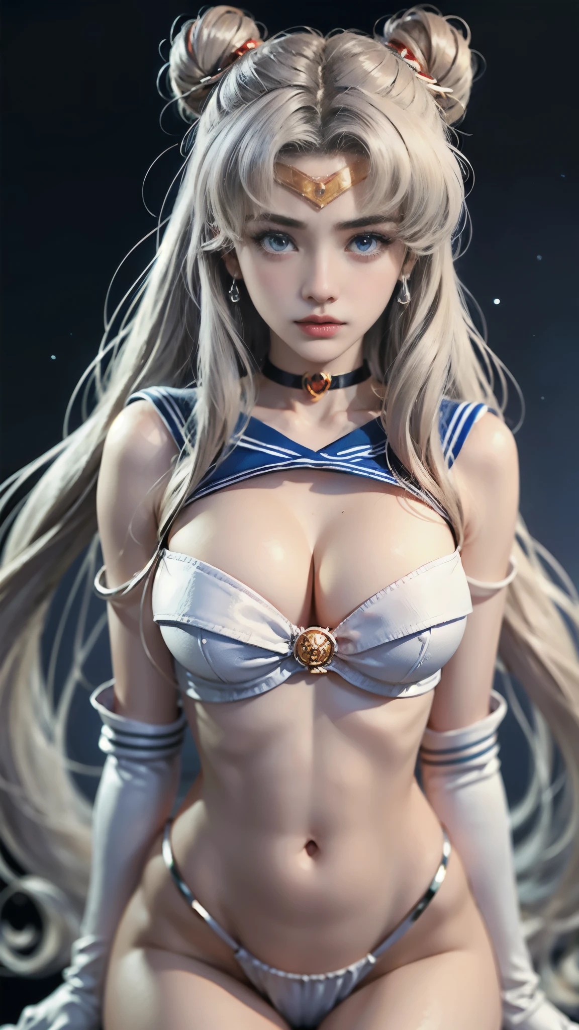 masutepiece, full: 1.3, From below, to stand, SEXY Model Pose,8K,Ultra realistic and detailed photography, Ultra Micro Photography, of the highest quality, Wallpapers with extreme details CG Unity 8K, Intricate details, (NSFW:1.2),(1 female), 28 years old, (meishaonv,Sailor Moon,tiarra, Sailor Senshi Uniform Sailor: 1.2, Sailor Moon: 1.2), Incredibly long bright twin-tailed blonde, Thin and very long straight twin tail blonde, Hair bun, Red round hair ornament in a hair bun, Sailor Senshi Uniform, Colossal tits, (Silver-blue color, blue sailor collar, Silver-blue pre-gate ultra mini skirt: 1.3,Pants are visible,Super High Leg Swimsuit, very large red bow on the chest,,,: 1.3, Long white latex gloves: 1.3, Red gloves on the elbows, very large red bow behind the waist,,: 1.1, cleavage looks bigger:1.2, a golden tiara, earrings), (Face Details: 1.5, Bright blue eyes, Beautiful face, Beautiful eyes, Outline of the iris, thin lips: 1.5, thin and sharp pale eyebrows, long dark eyelashes, Double eyelashes), Luxurious golden jewelry for the whole body, Thin, thin and muscular,,,, a small face, Perfect proportions, thin waist, Beautiful skins<Visible Pore, Seductive smile, Perfect hands: 1.5, Very thin and fitting high gloss silver-white holographic leather, Octane Rendering, highly dramatic picture, Strong natural light, Sunlight, exquisite lighting and shadow, Dynamic Angle, Digital SLR, Sharp Focus: 1.0, Maximum clarity and sharpness, (Space background,Moon, dynamic background, Detailed background),(Rabbit, Double bun, Twin-tailed, Parted bangs, circlet, Jewelry, earrings, Choker, Red bow, White Gloves, elbow groves, Blue skirt
),nffsw,breast curtains