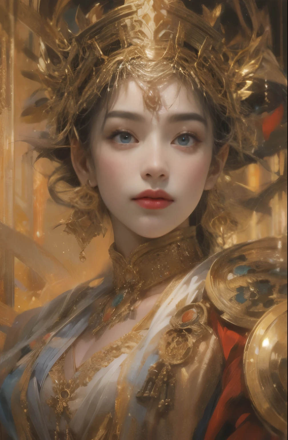 Gold and red tones、fantasy、Ancient mythology、ancient mesopotamia、hour of twilight、Mysterious、solemnity、majestic、highest quality, masterpiece、Ishtar, goddess of war、majestic hall々, battlefield commander、guardian of babylon、increase fighting spirit、queen of babylon, invincible general、Majestic Hall々、Brave、glory of babylon、honor of babylon、Treasure of Babylon, veteran hero、The unparalleled beauty of elongated eyes、refinement、Noble、i am proud、Wearing Noble jewelry、Equip your weapons、looks like fancy golden armor、cloak fluttering in the wind、Tall and lean、fiery red long hair、perfect angle、perfect composition、Low - Angle、Full body Esbian, Works that influenced Chen Yifei, Works that influenced Francesco Hayes, Inspired by Hendrik Terbruggen, Jean＝Works that influenced Auguste Dominique Ingres, Works that influenced Liu Jun, Jean＝Works that influenced Auguste Dominique Ingres, highest quality, perfect angle, perfect composition, best shot, official art, cinematic light, figurative art, Beautiful and expressive paintings, Beautiful artwork illustration, wonderful, cool beauty, clear, Mysterious, highest quality, official art, Very delicate and detailed painting style, Beautiful painting art, perfect light, perfect composition, perfect angle, The perfect subject, best shot, women only, sharp outline, pretty much beautiful face, very beautiful and delicate eyes, delicate and beautiful eyes, Close-up