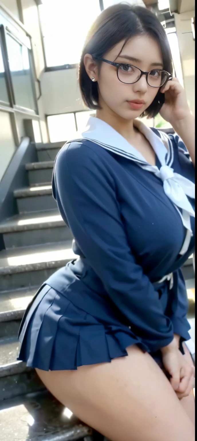 ((Japan's most beautiful high school girl))、((18 year old Mizu々beautiful plump body))((beautiful white skin))((Huge breasts that are too young and firm))、((He has short black hair and wears black-rimmed glasses.))、((Put your hair behind your ears and stick your ears out))((She has the face of a serious young lady like the chairman type.))((high school girl uniform))、((too short skirt))、((Breasts so big that the uniform looks like they'll burst))((hair tie on arm))、((serious honor student))、((Looking down at me from the top of the stairs at home))、((A glimpse of white underwear is visible))、((angelic smile))、((Super realistic texture))、((young sexual schoolgirl))、((obscene thighs))、((The gap between her neat face and erotic body is amazing))、((Plain but the most erotic body in school))