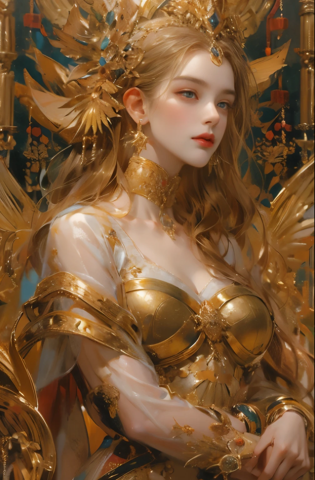 Gold and red tones、fantasy、Ancient mythology、ancient mesopotamia、hour of twilight、Mysterious、solemnity、majestic、highest quality, masterpiece、Ishtar, goddess of war、majestic hall々, battlefield commander、guardian of lon、increase fighting spirit、queen of baby invincible general、Majestic Hall々、Brave、glory of babylon、r of babylon、Trea of Babylon, veteran hero、The unparalleled beauty of elongated eyes、refinement、Noble、i am proud、Wearing Noble jewelry、Equip your weapons、looks like fancy golden armor、cloak fluttering in the wind、Tall and lean、fiery red long hair、perfect angle、perfect composition、Low - Angle、Full body Esbian, Works that influenced Chen Yifei, Works that influenced Francesco Hayes, Inspired by Hendrik Terbruggen, Jean=Works that influenced Auguste Dominique Ingres, Works that influenced Liu Jun, Jean=Works that influenced Auguste Dominique Ingres, highest quality, perfect angle, perfect composition, best shot, official art, cinematic light, figurative art, Beautiful and expressive paintings, Beautiful artwork illustration, wonderful, cool beauty, clear, Mysterious, highest quality, official art, Very delicate and detailed painting style, Beautiful painting art, perfect light, perfect composition, perfect angle, The perfect subject, best shot, women only, sharp outline, pretty much beautiful face, very beautiful and delicate eyes, delicate and beautiful eyes, Close-up
