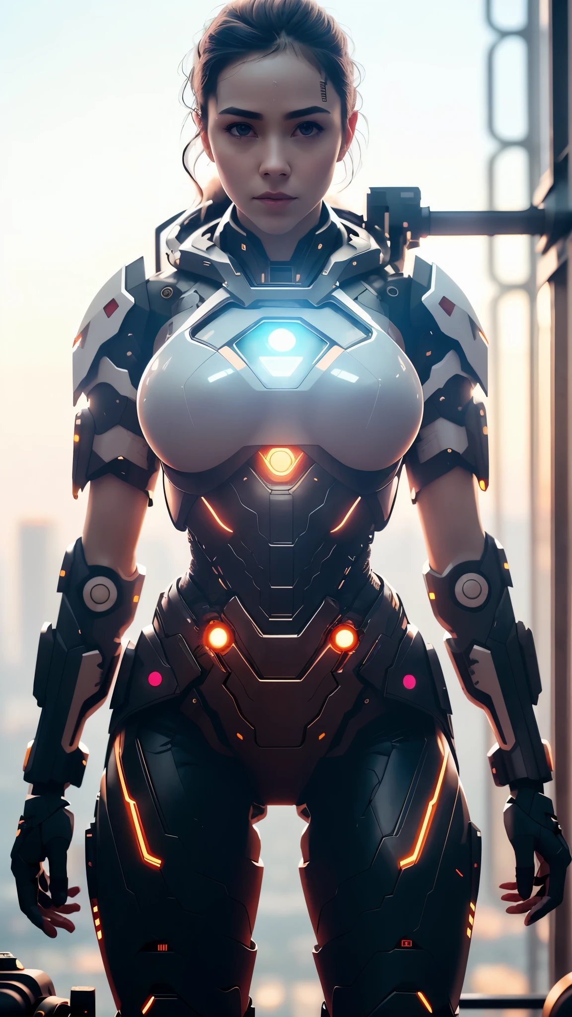 A married woman turned into a spy robot Machine body Human limbs A man in a suit is standing behind her. indoor, UHD, retina, masterpiece, Accurate, anatomically correct, rough skin, Super detailed, advanced details, high quality, Award history, 最high quality, High resolution