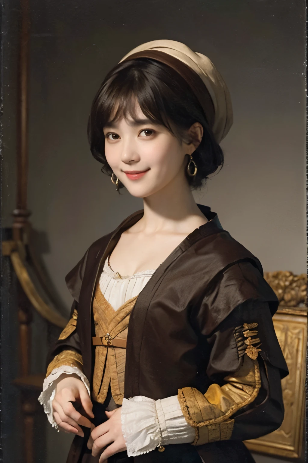 181 short hair, 20 year old female, gentle smile, (rembrandt style painting), (chest:1.2), long sleeve clothes