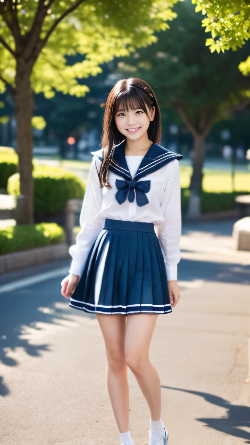 (masterpiece, best quality:1.2), 1girl, woman, 18 years old、 cute、(white shirt, sailor , navy pleated skirt:1.2) Idol style、smile、Beautiful fresh green park, whole body、