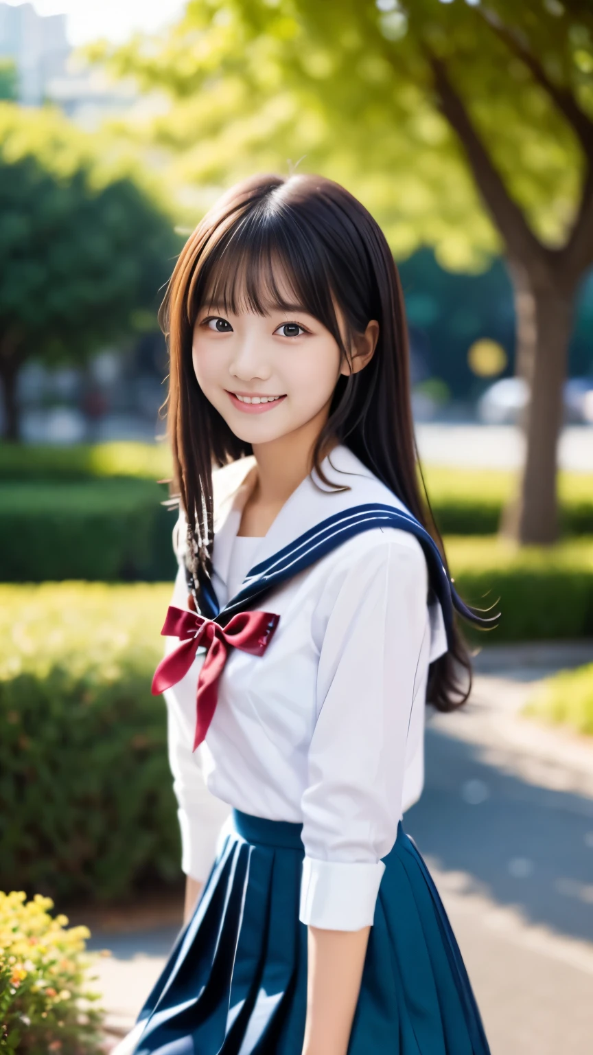 (masterpiece, best quality:1.2), 1girl, woman, 18 years old、 cute、(white shirt, sailor , navy pleated skirt:1.2) Idol style、smile、Beautiful fresh green park, whole body、