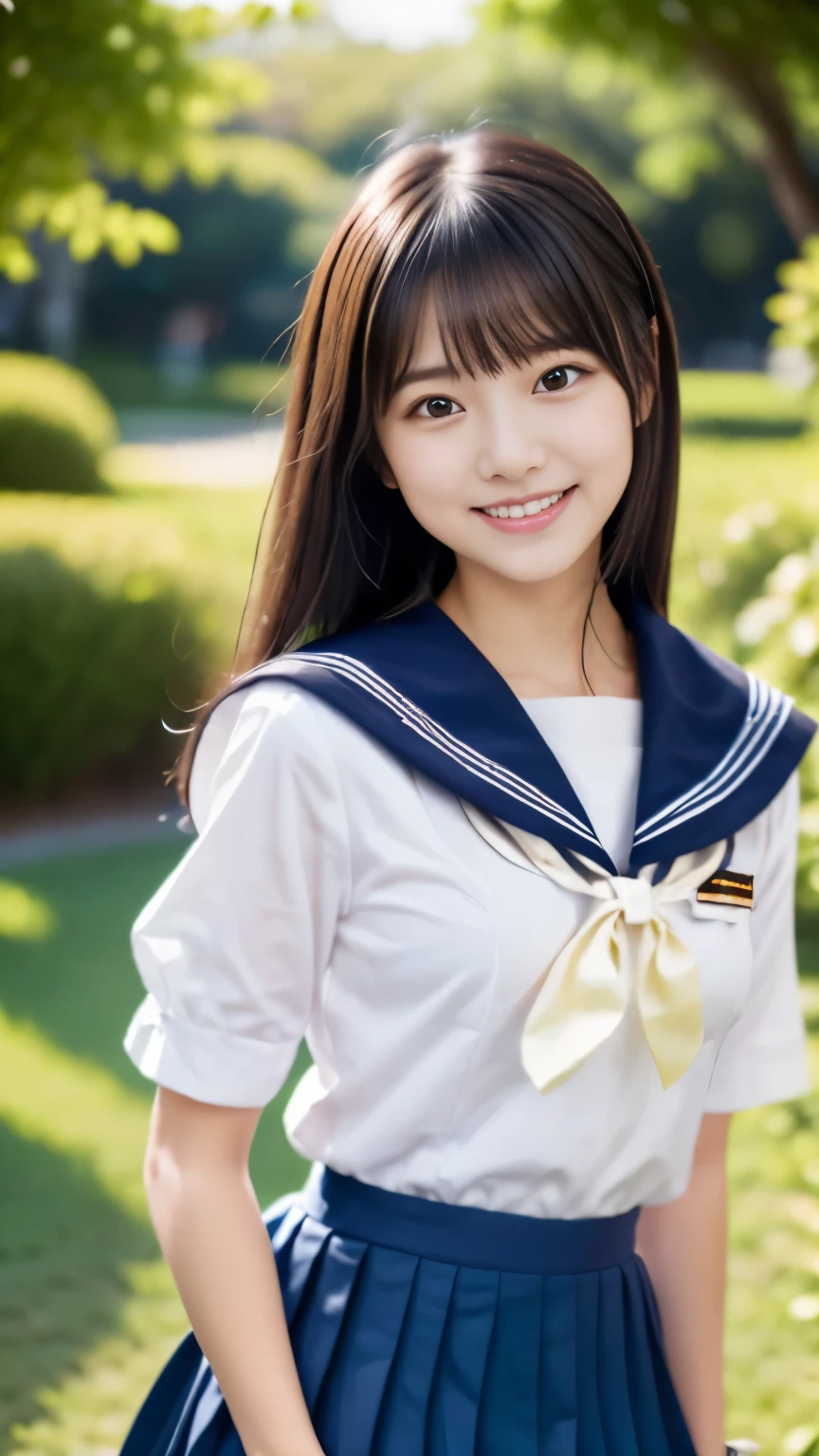 (masterpiece, best quality:1.2), 1girl, woman, 18 years old、 cute、(white shirt, sailor , navy pleated skirt:1.2) Idol style、smile、Beautiful fresh green park, whole body、