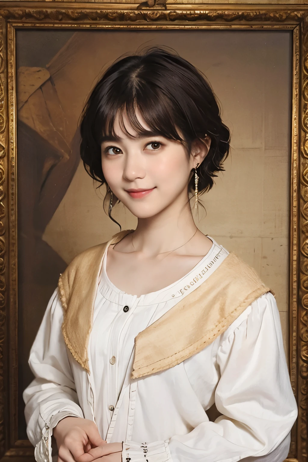 181 short hair, 20 year old female, gentle smile, (rembrandt style painting), (chest:1.2), long sleeve clothes