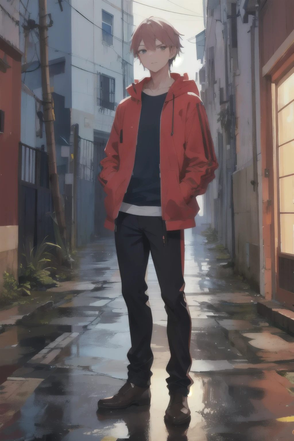 1 garoto,cidade noturna,chuva,casaco,hands in pockets
