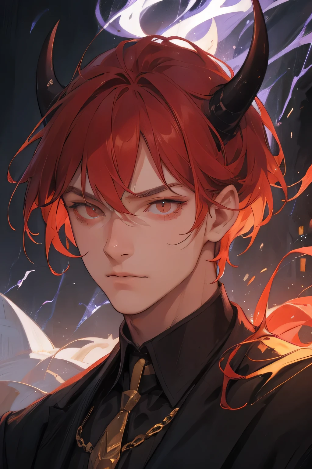 man, old man, young, a man, demon, black horns, golden eyes, red hair and purple lightning