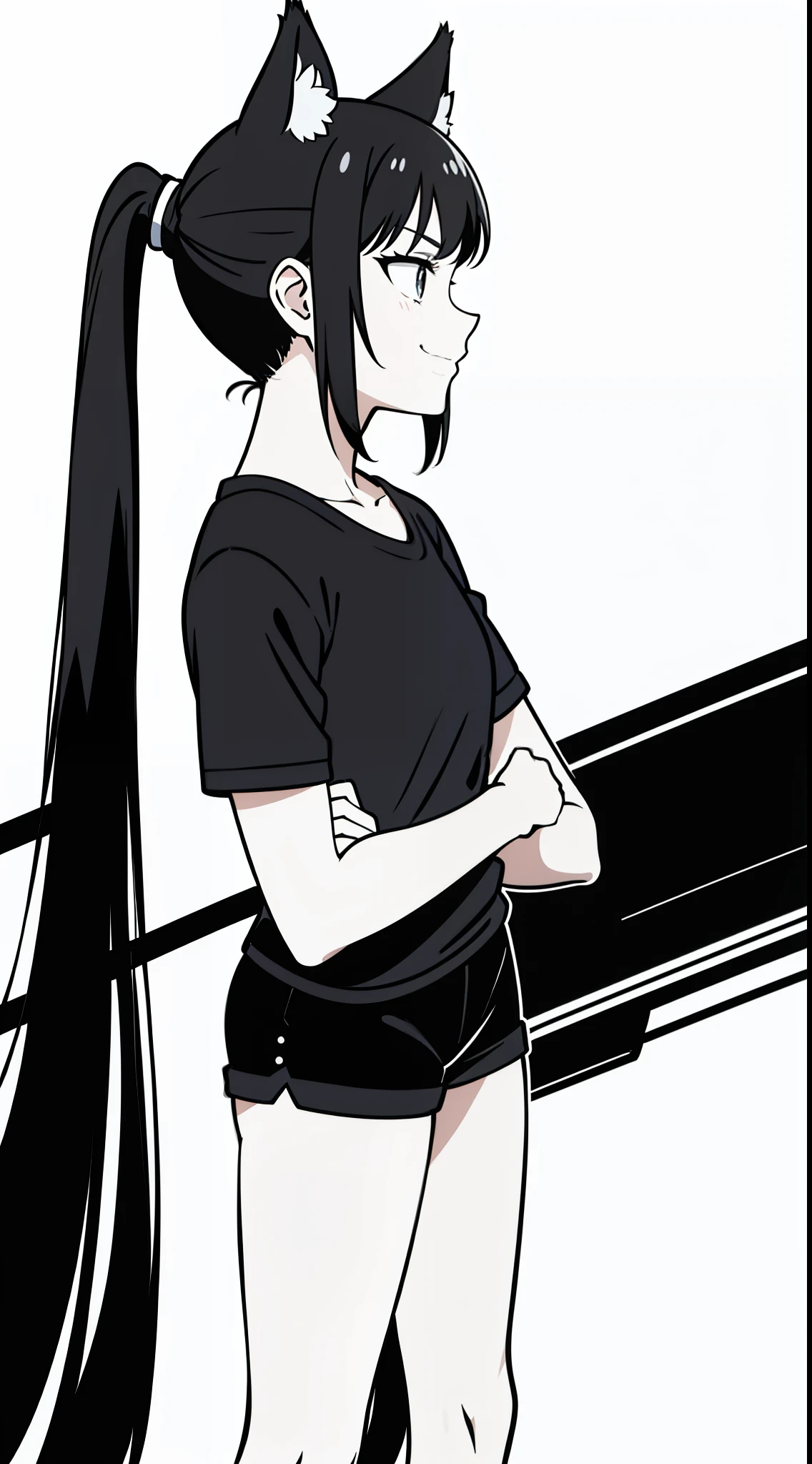 (1girl,),solo,angry,black hair,ponytail hair,short hair,fox ears,black shirt,short sleeves,black shorts,cowboy shot,(white background,line drawing),serious,standing,crossed arms,profile,separated lips,smile
