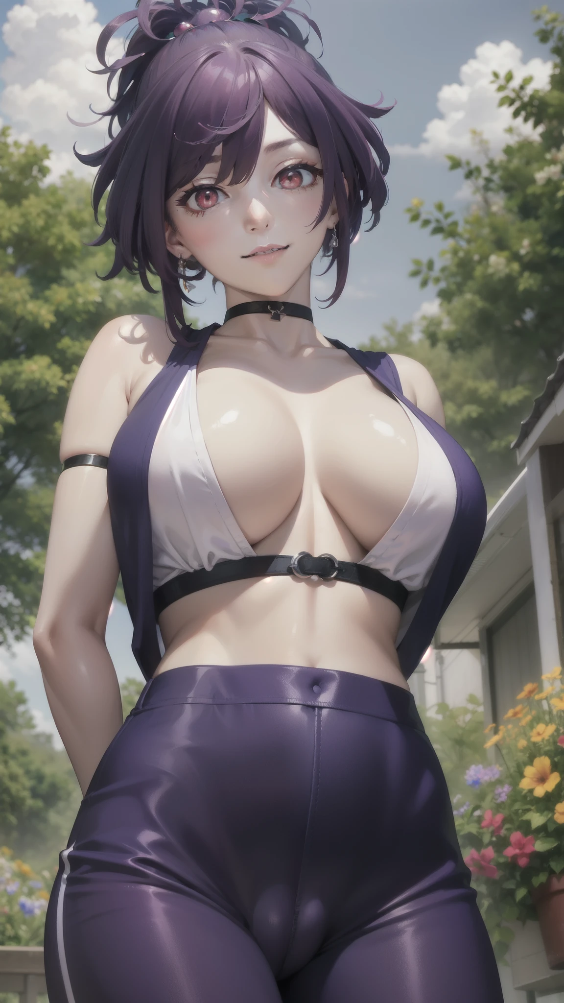 yuzuriha_(jigokuraku), purple hair, brown eyes, topknot,  smile,
jewelry, white yoga crop top, white yoga tight shorts, hands on chest,see-through, looking at viewer,  hair ornament, choker, shy,
(masterpiece, top quality, best quality, official art, beautiful and aesthetic:1.2), (1 girl), extreme detailed,  colorful, highest detailed,
(huge breasts:1.2,) upper body, from below,  cameltoe,
city,street, leaning,  wall, sun, cloud,