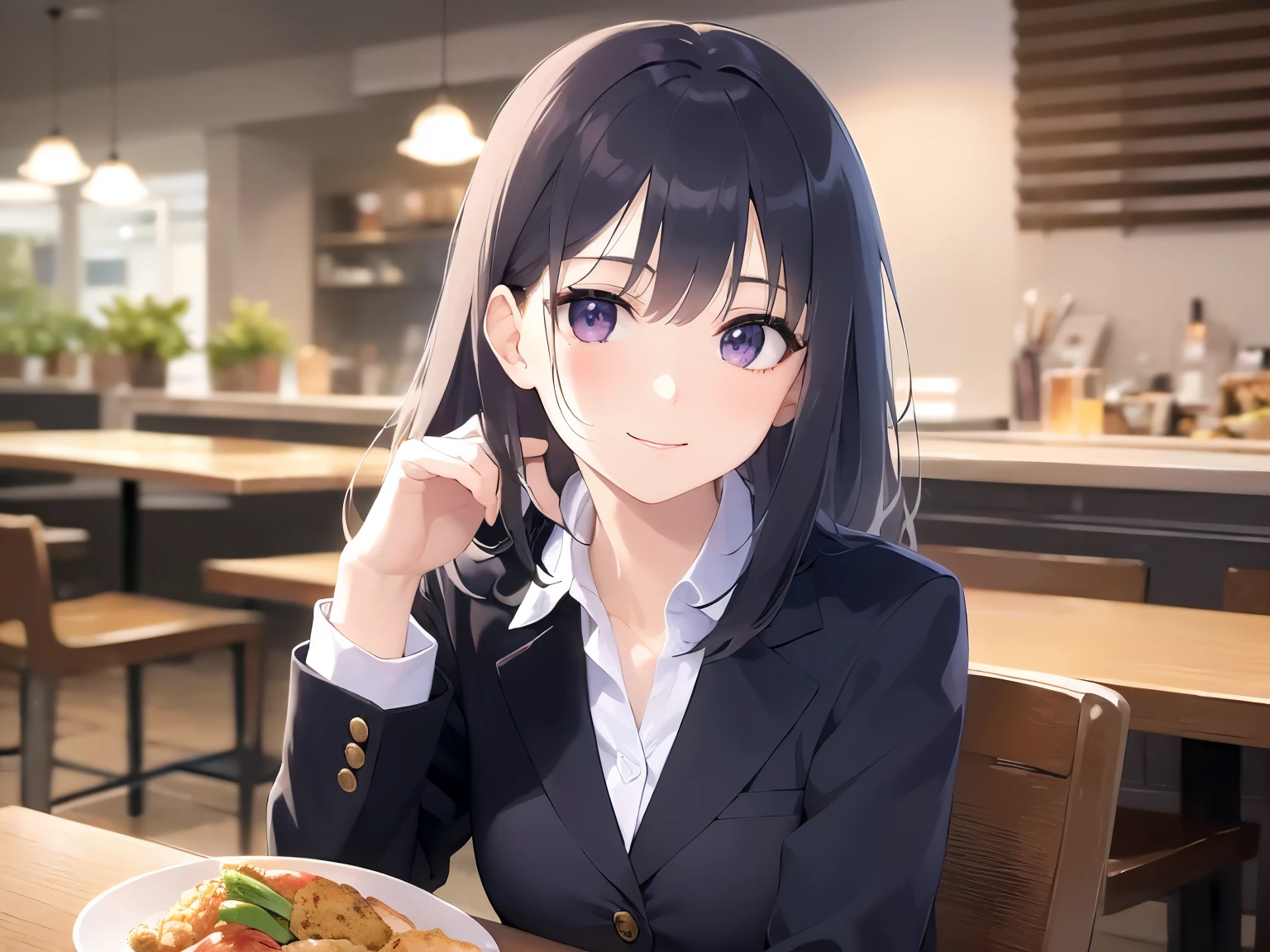 Realistic, real person, (pale skin: 1.2), RAW photo, photorealistic, portrait photography, shiny skin, japanese idol、shiny hair、(25 year old woman with straight medium hair with bangs) and (black hair) and (purple eyes) , (business suit:1.2) and (white collared shirt)、smile, The background is a restaurant at night、Alone、sitting、wine glass、food on a plate