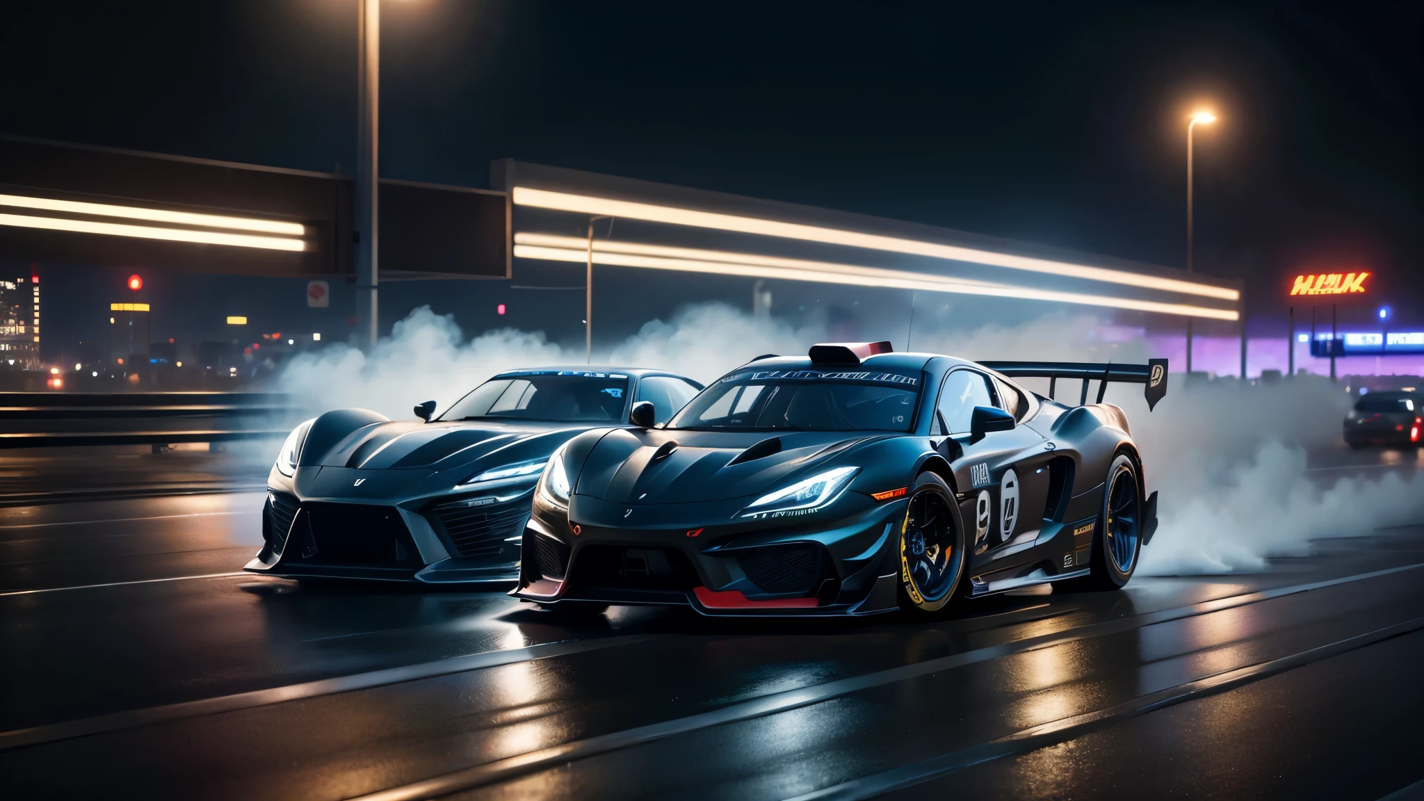 good quality, ultra high resolution，masterpiece, 8K，（reality，detail，close up）dark night sky，Two cool racing cars，On the streets of the city，Drag racing sports scene