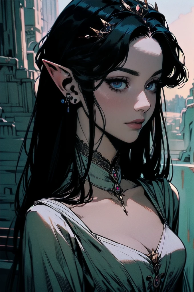 { -  error}(Masterpiece - Ultra-detailed, very high resolution)moonlight, hyper-realistic of a mysterious woman with flowing black hair, ears of elf, piercing opal eyes, and a delicatelace crown, delicate smile, upper body, 