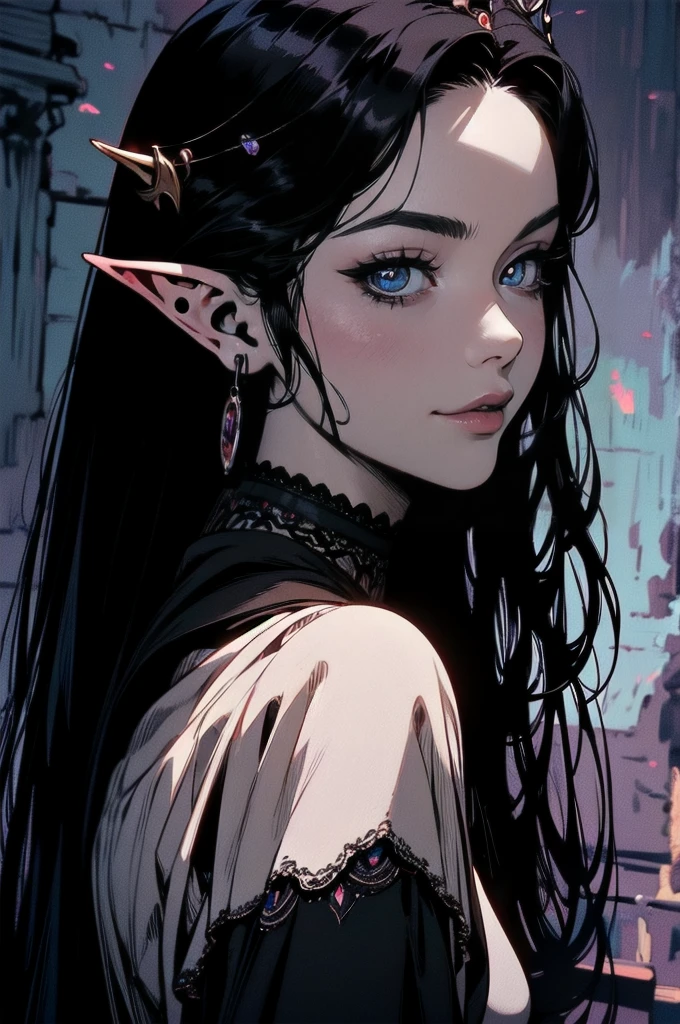 { - anatomy error}(Masterpiece - Ultra-detailed, very high resolution)moonlight, hyper-realistic of a mysterious woman with flowing black hair, ears of elf, piercing opal eyes, and a delicatelace crown, delicate smile, upper body, backwards, looking back, small neck, with chin on shoulder