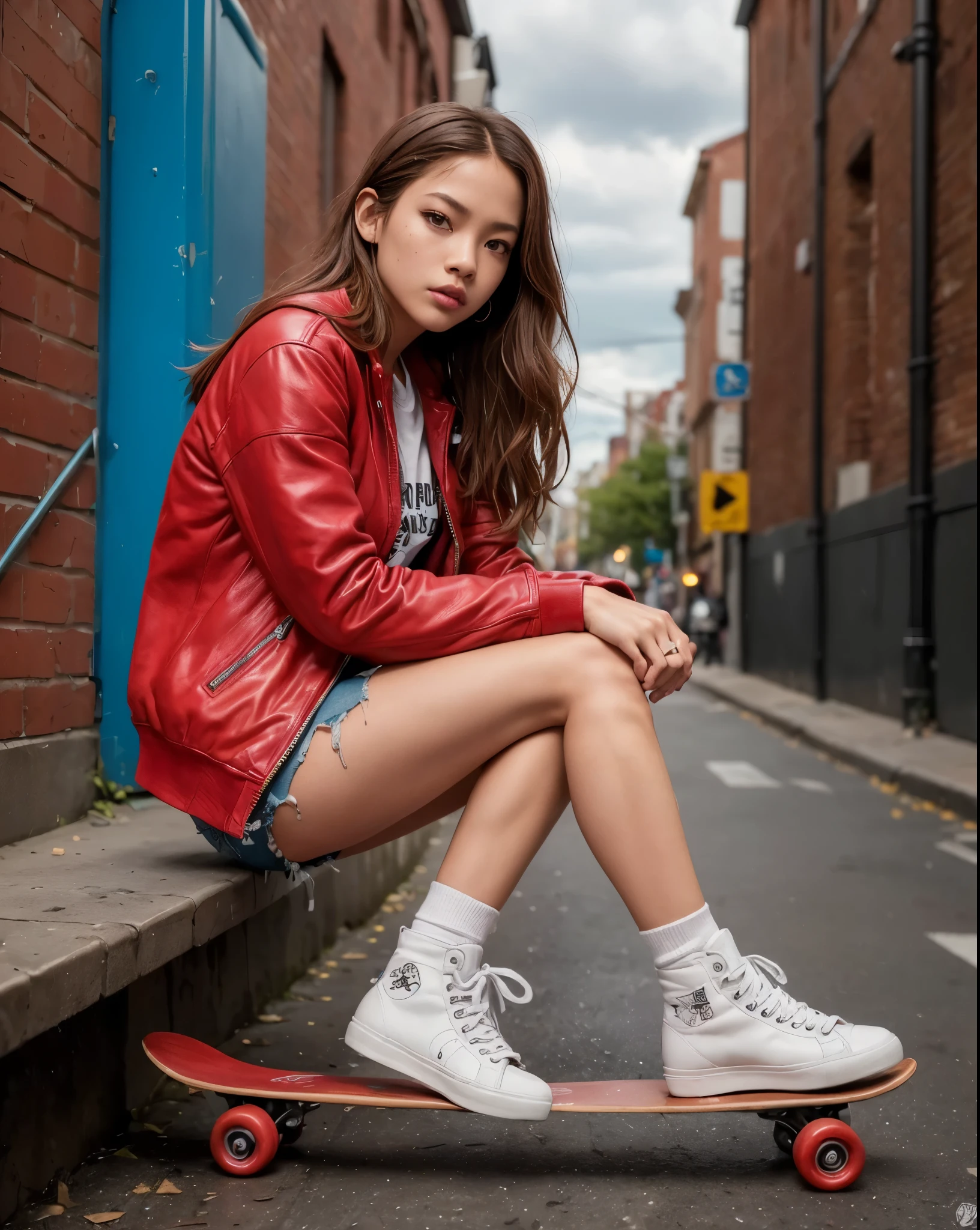 ((Very Sharp Photo Result & Detailed Face)) (((Detailed Texture))) (((Best Quality))), (((Masterpiece))) (((Hyper Realistic Photo)) (full body 1.2)Skater Girl Dressed In A Red Leather Jacket, 25-Year Korean Girl Well Defined Cheekbones, High Cheekbones, ((Jisoo From Blackpink)), Wear Checkers, Ripped White T-Shirt With Thrasher Logo Artwork, Shorts Ripped Jeans Y2k, Doc Marts Boots, Posing Hold A Rugged Skateboard With Striking Arts In Skate Area In Urban Brooklyn, Unreal Engine 5, Octane Render, Trending On Artstation, 8k, Harp Focus, Very Intricate Details, Dramatic Lighting, Cinematic