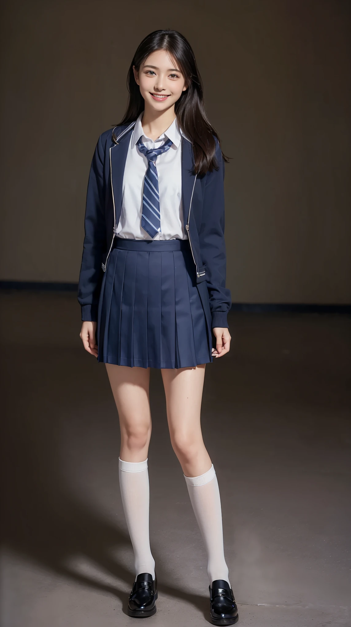 (school uniform:1.5), (realistic:1.4), (highest quality:1.0), (ultra high resolution:1.0), 8K, Raw photo, (masterpiece:0.2), Super detailed, close short, 1 girl, (A delicate and beautiful face, eyes, and skin, smile at the camera,full body esbian:1.5) fine skin, View full body viewer, (long hair:1),  (closed mouth:1),Nogizaka Idol,actress,idol sculpture