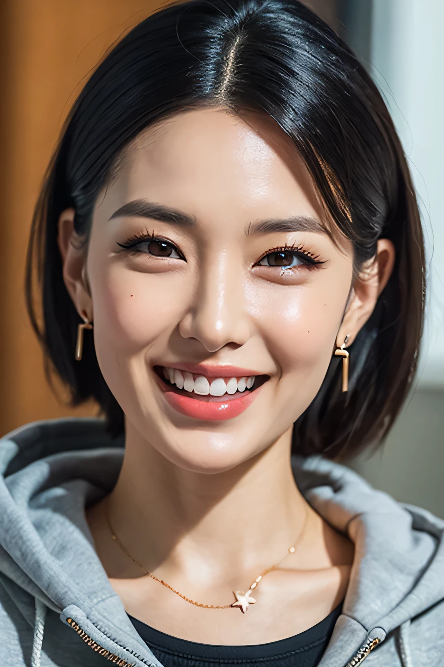 clear woman, cute, super detailed human face, 長いblack hair, fringe, highly detailed brown eyes, highly detailed teeth, white teeth, wearing a hoodie, city、 amazing details, Canon 5DM4, film stock photography, F1.6 lenses, realistic texture, unreal engine, photorealist,black hair、dark eyeliner、ear piercing、necklace around neck、beautiful teeth、Hairstyle Long