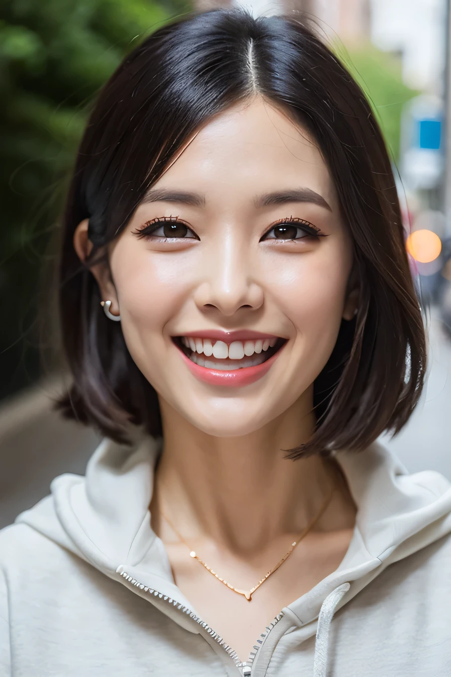 clear woman, cute, super detailed human face, 長いblack hair, fringe, highly detailed brown eyes, highly detailed teeth, white teeth, wearing a hoodie, city、 amazing details, Canon 5DM4, film stock photography, F1.6 lenses, realistic texture, unreal engine, photorealist,black hair、dark eyeliner、ear piercing、necklace around neck、beautiful teeth、Hairstyle Long
