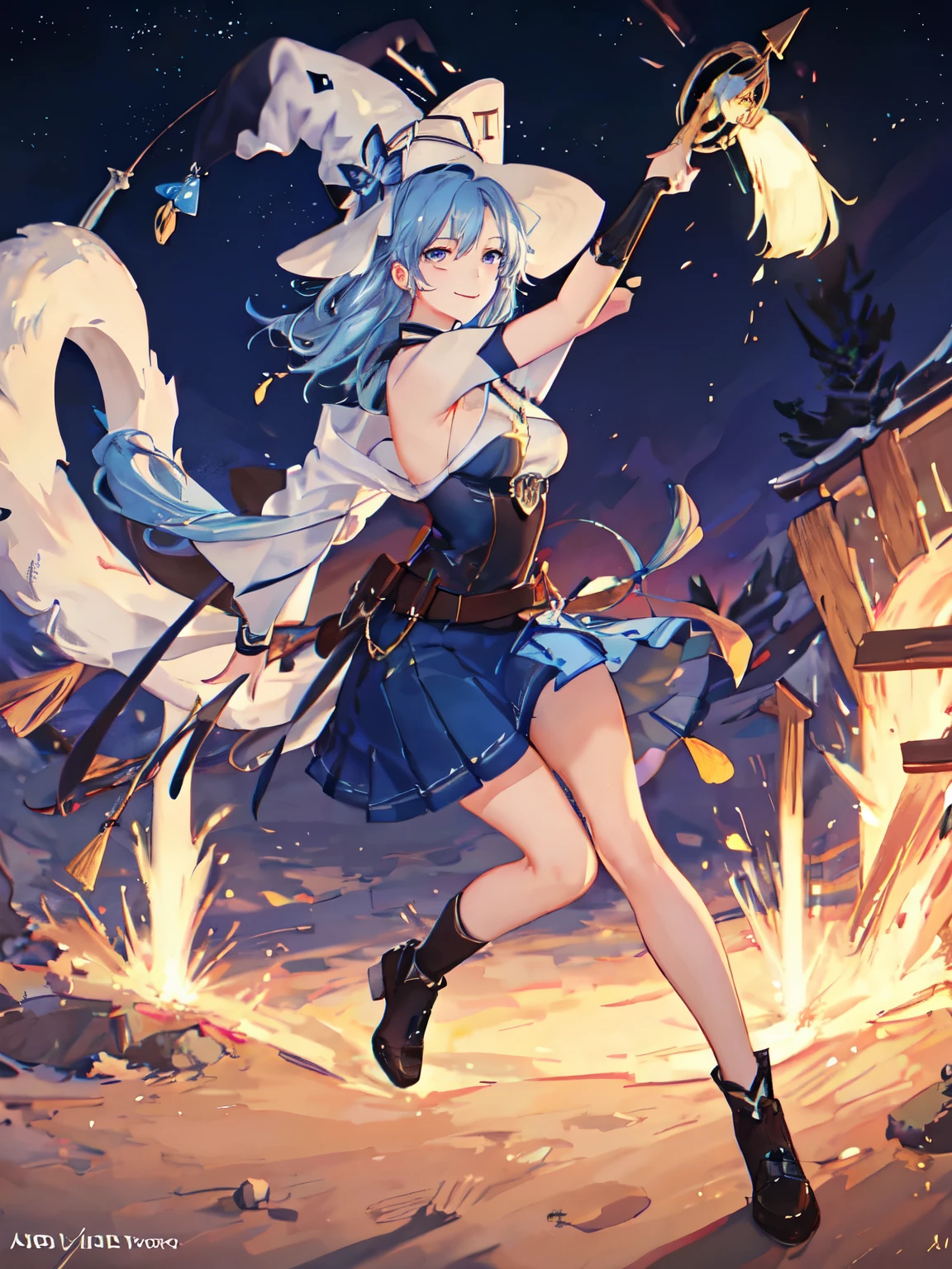 masterpiece, best quality, highres, side view 1girl, short light blue hair, witch, long skirt, black mantle, looking at viewer, ubel, staff, curvy, armpit, smile, mole on face