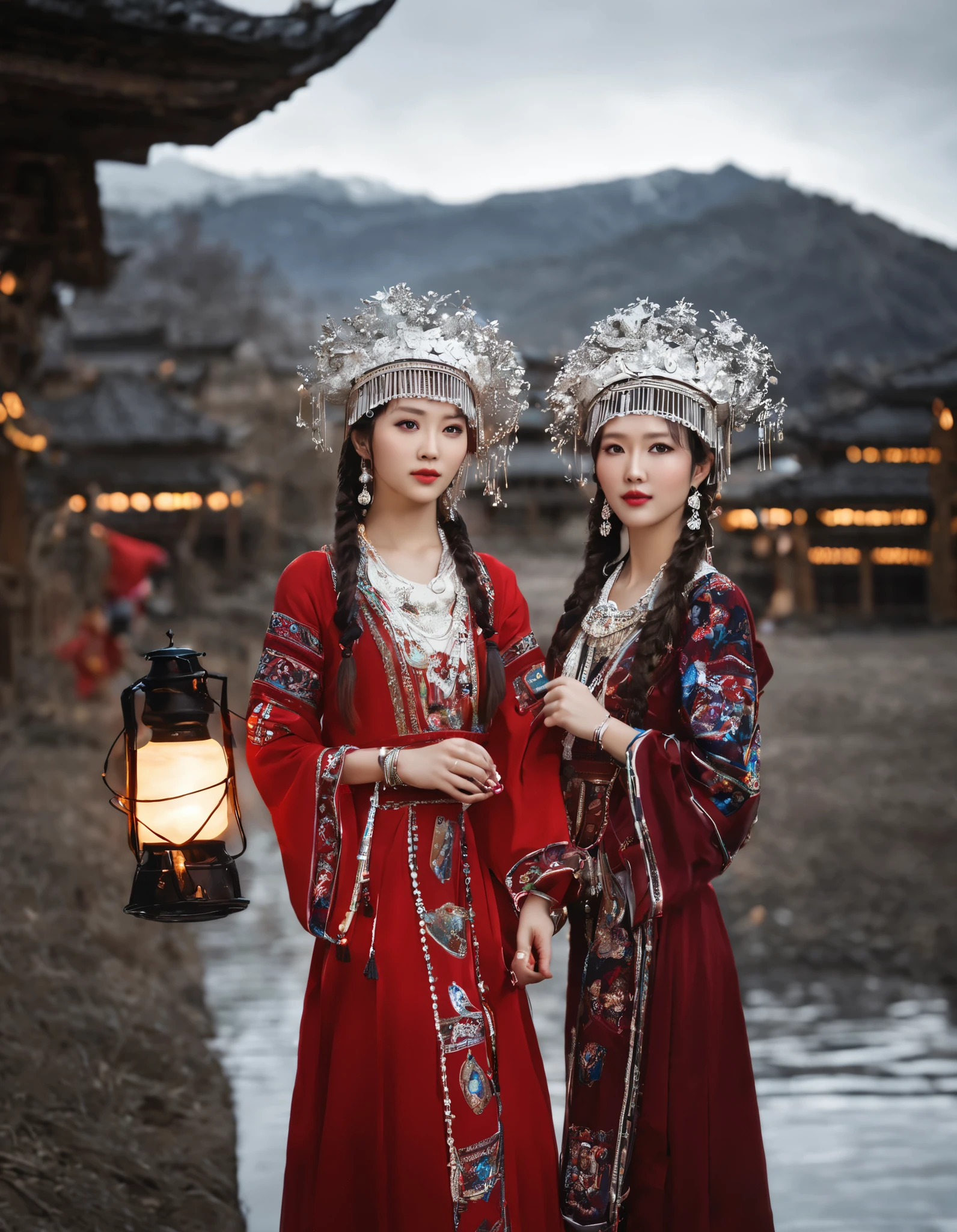 HDR,UHD,8K, best quality, masterpiece, absurdres,extremely detailed,
miaoyuansu, miao8, 2girls, multiple girls, black hair, jewelry, earrings, looking at viewer, traditional clothes, holding, lantern, realistic, crown, necklace, dress, hat, braid, outdoors, blurry background, wide sleeves, ring, beads, makeup, brown hair, long sleeves, facial mark, blurry, long hair, standing, bracelet, piercing, blonde hair, headdress, red dress, day, twin braids, cowboy shot, pearl necklace, mole, chinese clothes, hair ornament,
