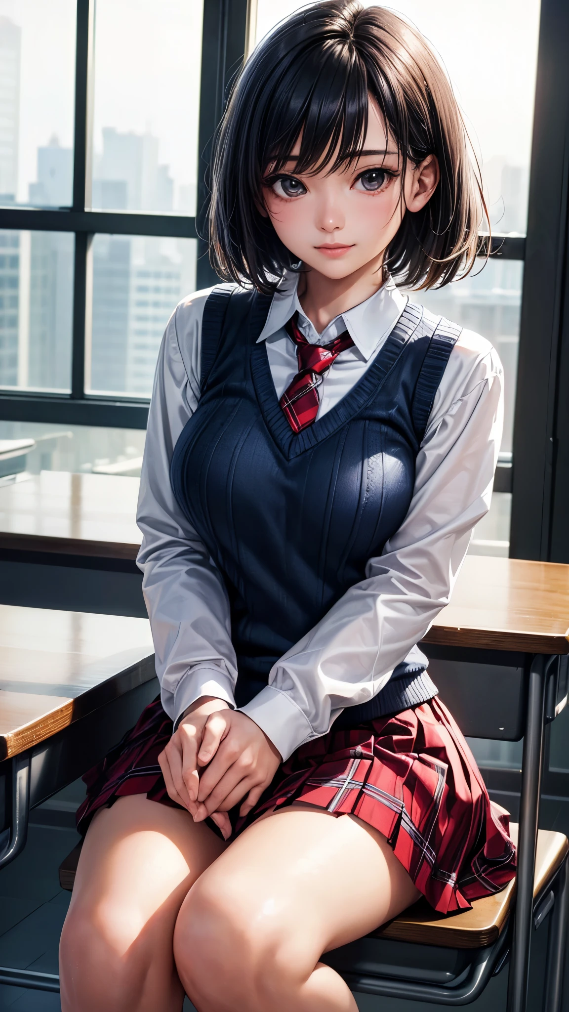 ((highest quality, 8K, masterpiece: 1.3)),((amazing details: 1.2)),((figure: 1.1)), (realistic, photorealistic:1.4), female solo,high school girl、shiny skin, thin, beautiful 髪, beautiful face, highly detailed face, beautiful detailed 目, beautiful clavicle, beautiful body, beautiful breasts, beautiful thighs, beautiful feet, beautiful fingers, (fine cloth texture, (navy knit vest), Red plaid tie, long sleeve white shirt with collar, Grey plaid pleated skirt), black socks, , (beautiful scenery), morning, (classroom) 、sitting at the desk,,short hair、 long eyelashes, solid circle eye, enchanting smile