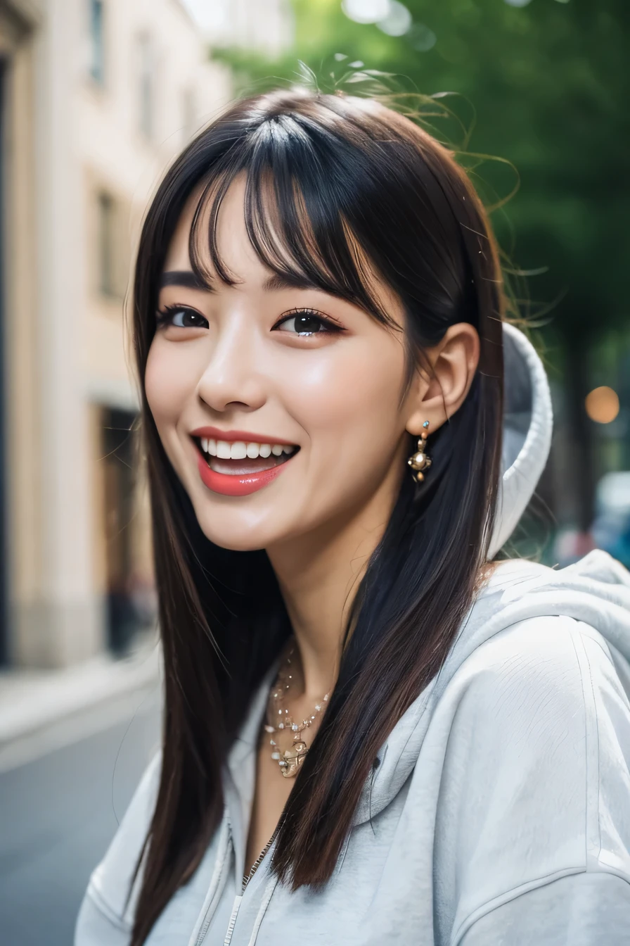 clear woman, cute, super detailed human face, 長いblack hair, fringe, highly detailed brown eyes, highly detailed teeth, white teeth, wearing a hoodie, city、 amazing details, Canon 5DM4, film stock photography, F1.6 lenses, realistic texture, unreal engine, photorealist,black hair、dark eyeliner、ear piercing、necklace around neck、beautiful teeth、Hairstyle Long