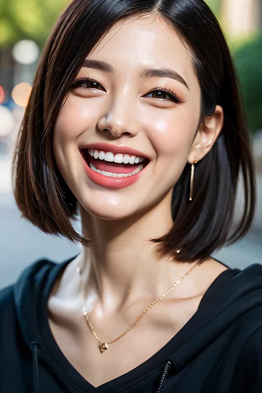 clear woman, cute, super detailed human face, 長いblack hair, fringe, highly detailed brown eyes, highly detailed teeth, white teeth, wearing a hoodie, city、 amazing details, Canon 5DM4, film stock photography, F1.6 lenses, realistic texture, unreal engine, photorealist,black hair、dark eyeliner、ear piercing、necklace around neck、beautiful teeth、Hairstyle Long