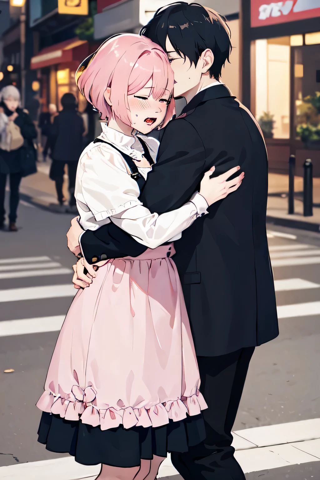 Pink short haired woman falls in love with man&#39;arms on busy street. Woman in tears is hugged by princess.