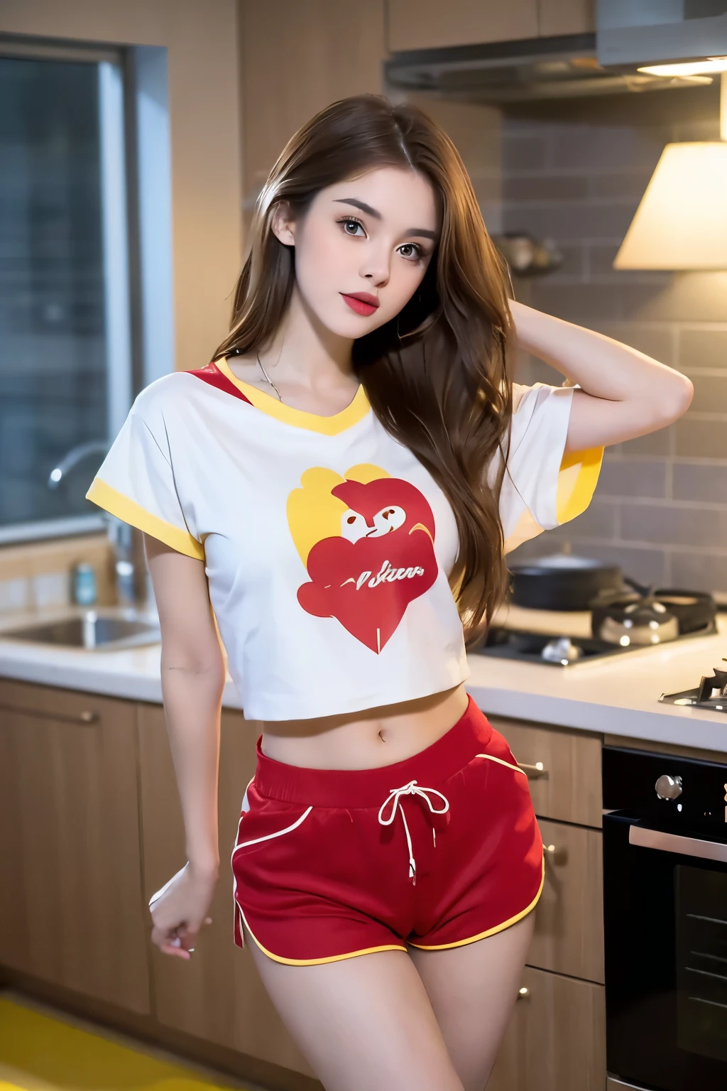 ((Mejor calidad)), ((obra maestra)), (detallado), cara perfecta In the photograph you can see a young brunette with dark hair, she is smailing, with bulging brown eyes and beautiful red lips. girl with princess appearance. Long wavy red hair. Wear red shorts and a red collared t-shirt, short socks, and blue shoes or sneakers. She is slim and has a beautiful figure, (((beautiful slim legs))). The photograph is taken in the kitchen, (((with yellow cinematic light at dusk))) the camera used is an X2D 100C with a 50mm Carl Zeiss Planar lens, photographing at f1.8.