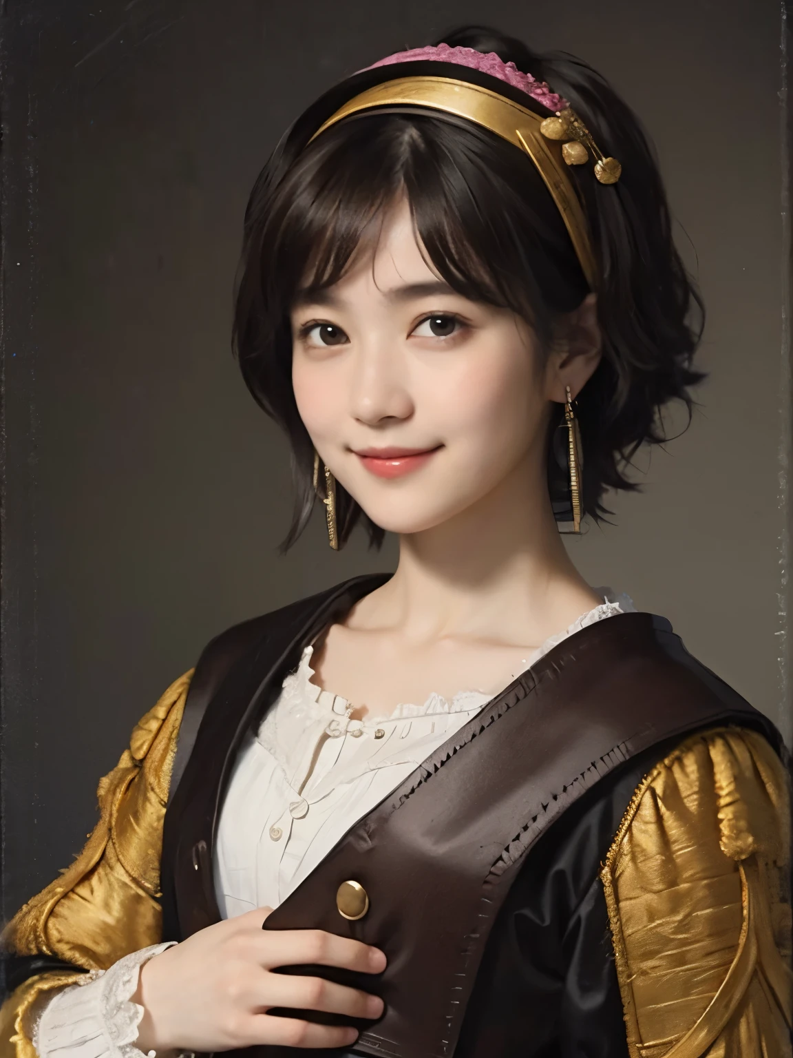 183 Short hair, 20 year old female, gentle smile, (rembrandt style painting), (chest:1.2), whole body
