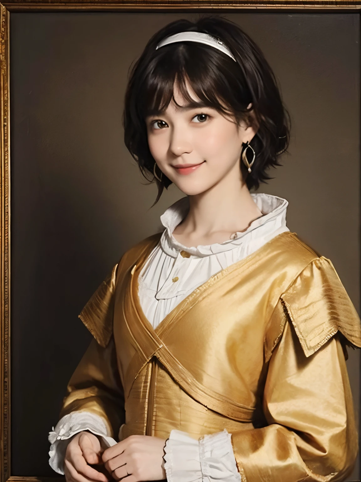 181 short hair, 20 year old female, gentle smile, (rembrandt style painting), (chest:1.2), long sleeve clothes
