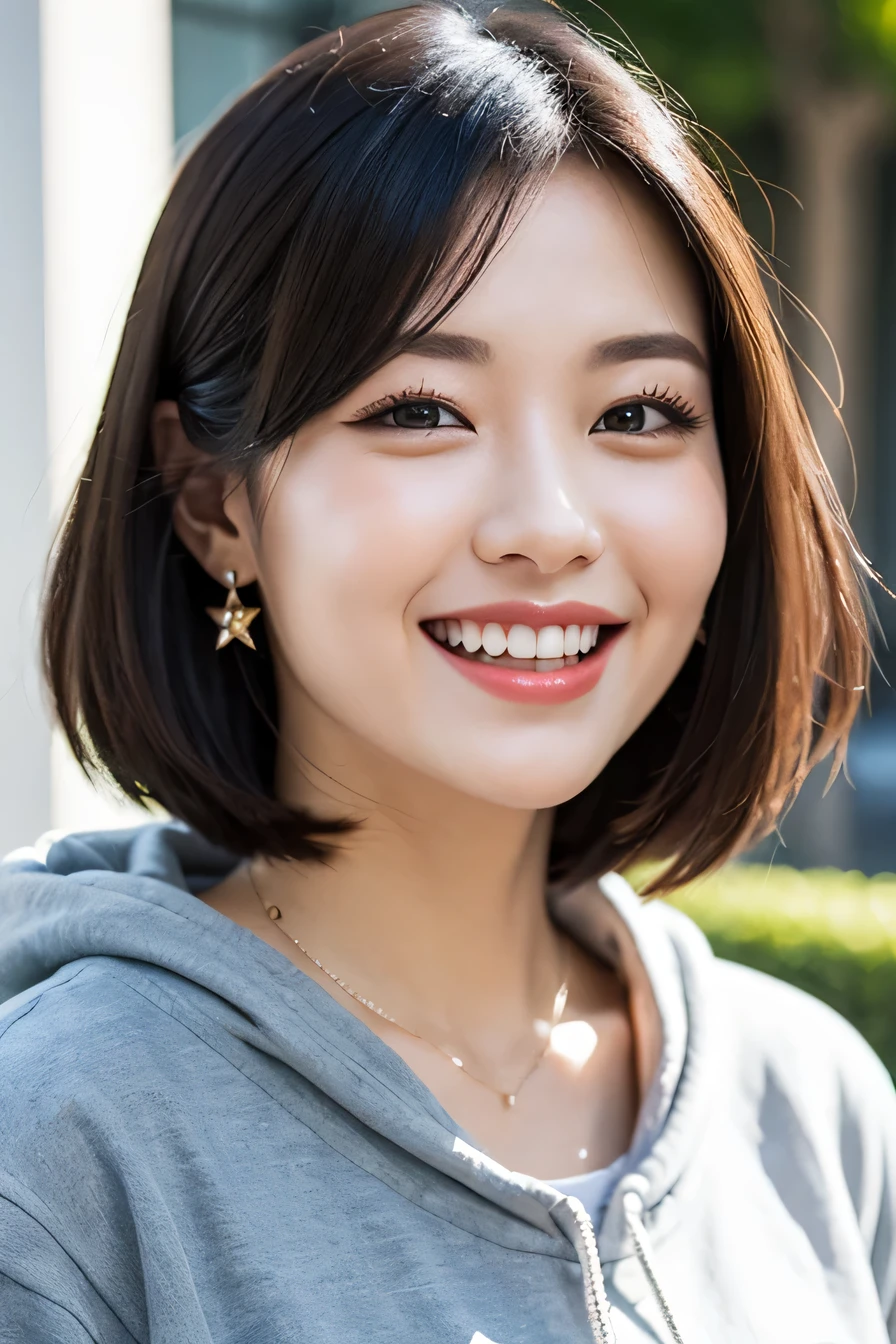 clear woman, cute, super detailed human face, 長いblack hair, fringe, highly detailed brown eyes, highly detailed teeth, white teeth, wearing a hoodie, city、 amazing details, Canon 5DM4, film stock photography, F1.6 lenses, realistic texture, unreal engine, photorealist,black hair、dark eyeliner、ear piercing、necklace around neck、beautiful teeth、Hairstyle Long