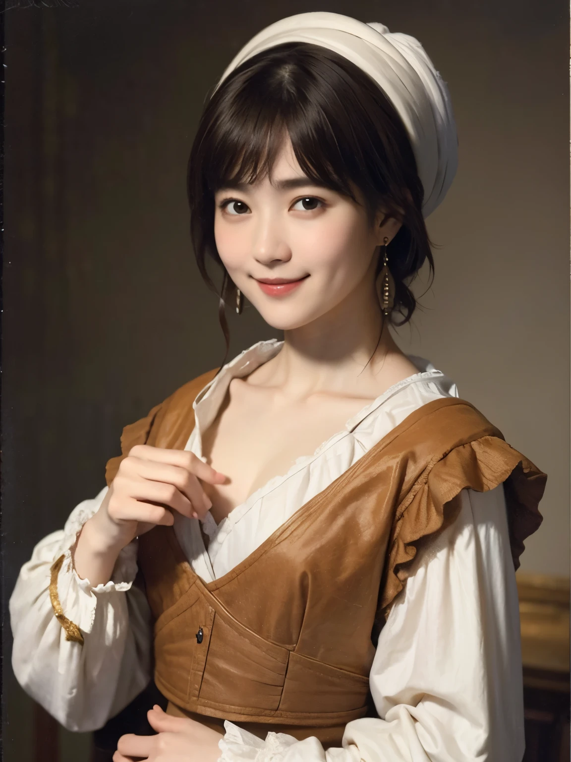 181 short hair, 20 year old female, gentle smile, (rembrandt style painting), (chest:1.2), long sleeve clothes

