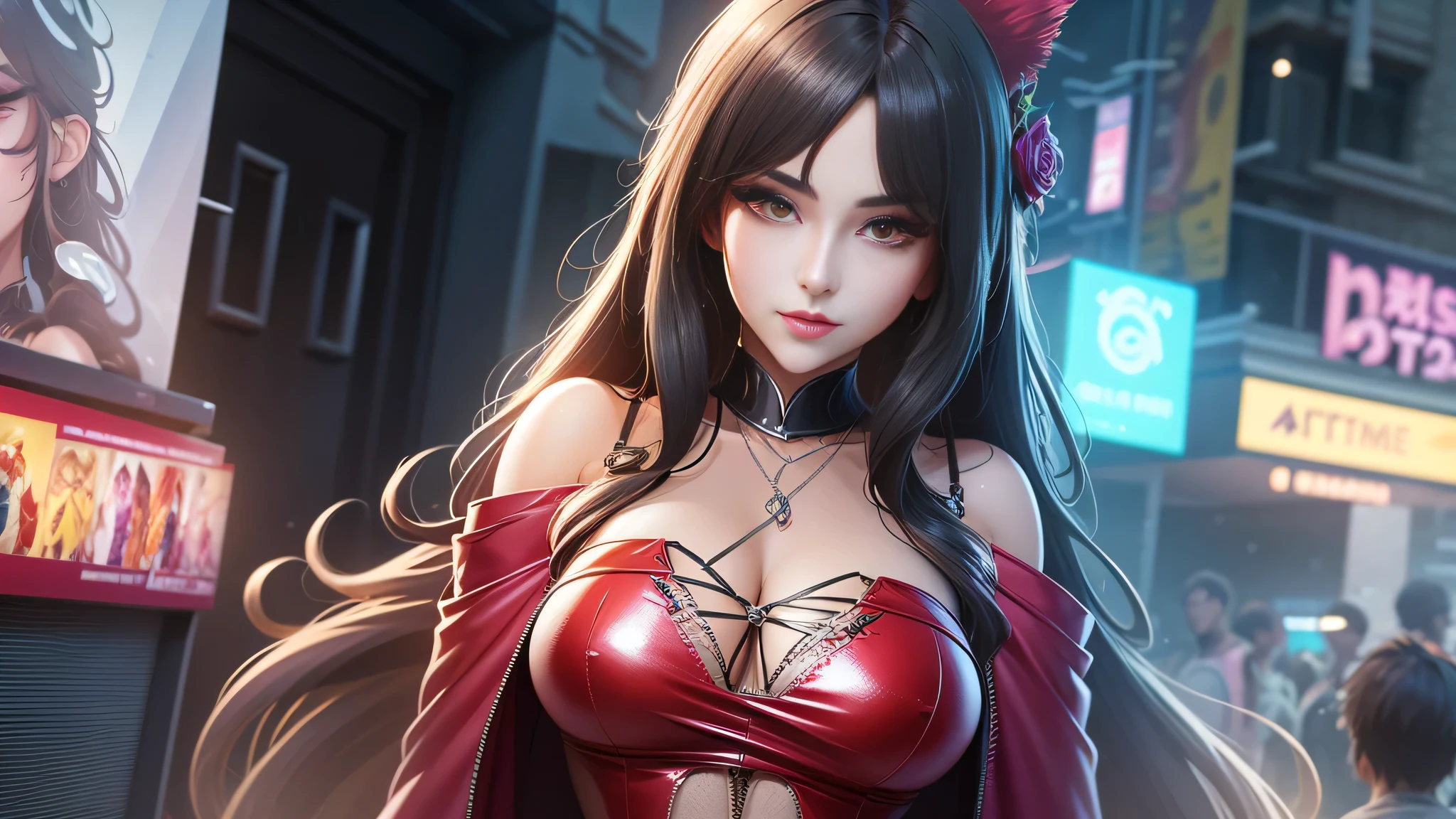 garota de anime posando com blusa vermelha, estilo anime 3 d realista, Trends in CGSTATION, anime 3d realista, [ arte digital 4k ]!!, photorealistic rendering of anime girl, Bokeh Artgerm 8K, obras de arte no estilo de guweiz, anime fotorrealista, anime hiper realista, garota anime sedutora, Arte suave em CG de anime