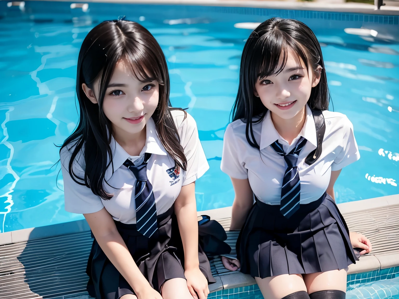 {1 | 2} girls stamding in school street,navy blue school swimsuit,white sailor shirt over,school bag,18-year-old,bangs,a little smile,thighs,knees,short hair with low pigtails bunches,from below,front light