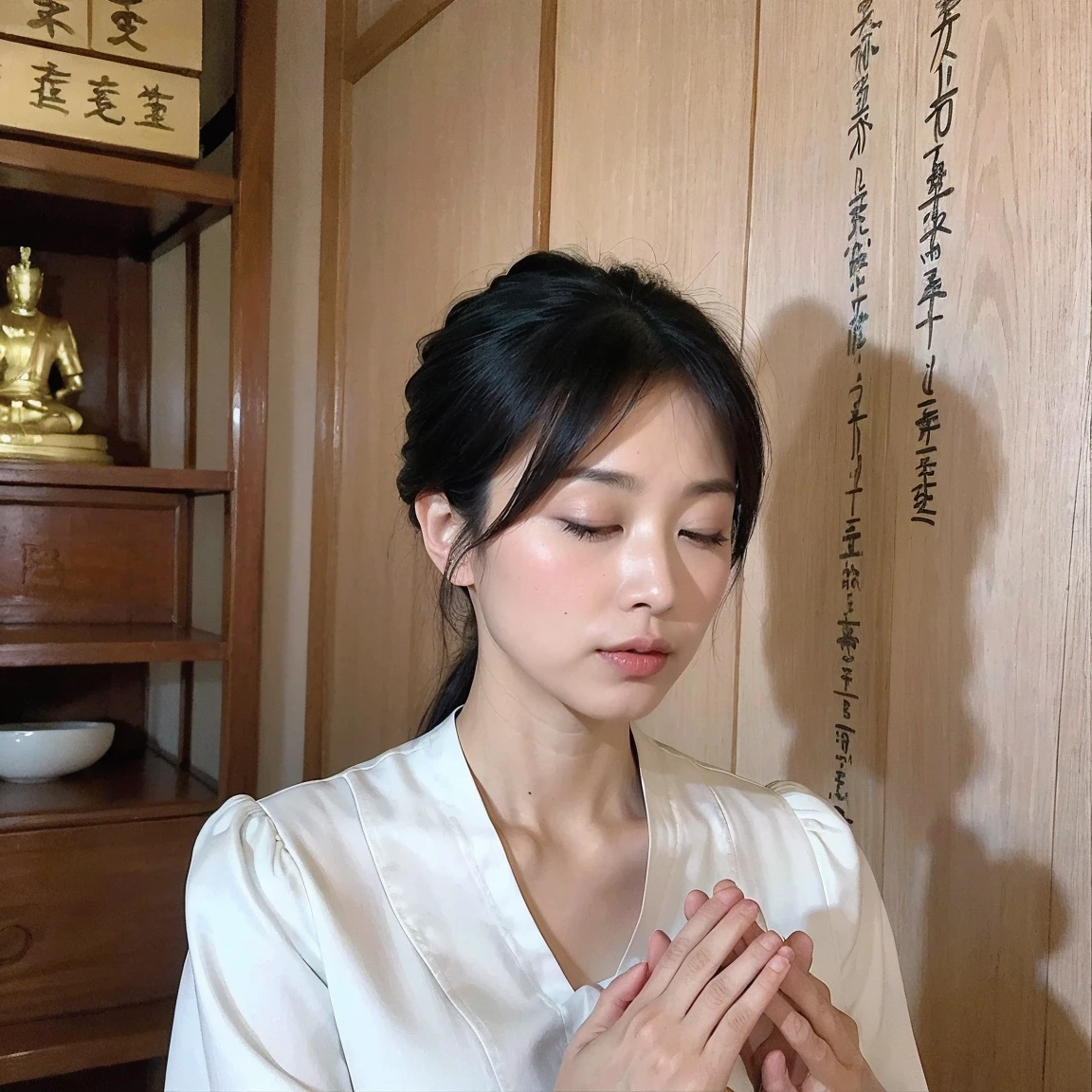 ((highest quality、8K、masterpiece:1.3))、Photoreal, sharp focus, High level image quality, High resolution, portrait, alone, japanese woman, Beautiful woman,  short sleeve blouse、skirt、33 years old, semi-long、serious face、(((close your eyes、put your hands together in front of your chest、Pray seriously to the Japanese gods)))、At the shrine