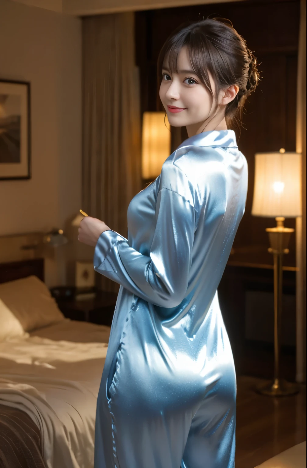 (8K, highest quality, Raw photo、masterpiece: 1.2), Super detailed, highest quality, ultra high resolution, professional lighting, photon mapping, radio city, Physically based rendering, cinematic lighting, Depth of written boundary, 1 female、24-years-old、 ((top of the mountain))(full body shot), ((wearing satin pajamas, The material of satin pajamas is shiny, Soft and smooth to the touch)) (looking at the viewer:1.3) very slim, medium breasts, (pull clothes, Dress Tags, Wind, Wind lift:1.12), ((from behind))(buckshot), cute, white skin、looking at the viewer, light smile,alone, enchanting smile, wide opening, professional lighting, Sony α7R4, Zecy 50mm F1.8, medium breasts,thin and beautiful eyes,