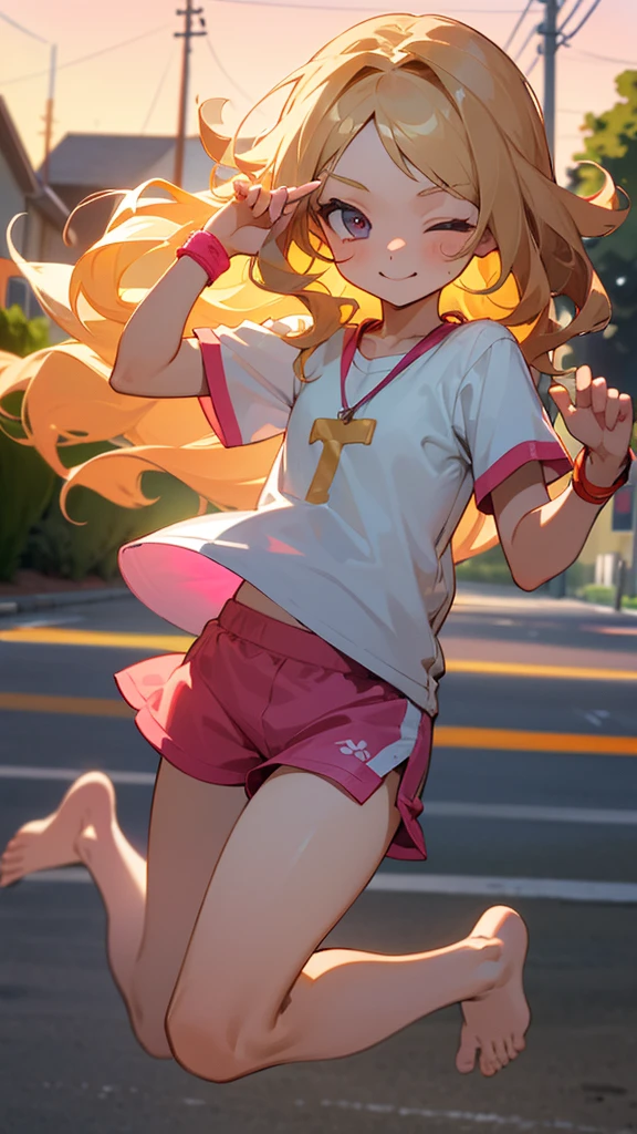 a cute 6 year old christian church girl named Zachary, both brownish blonde hair, long wavy hair, short sleeved white sport jersey tshirt, pink shorts, cross necklace, Jogging, sunrise, slight smile, wristbands, barefoot, winking, hand details, feet details, in a quiet neighborhood, jumping