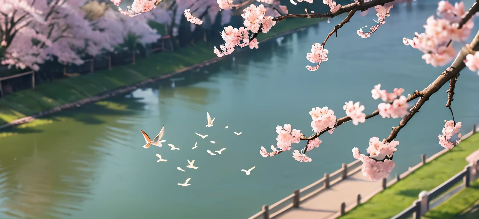 Close-up of a poster,There is a bird flying over the river,willow,peach tree blooming peach blossoms, Inspired by Sesshu Toyo, Ching Ming Festival,The text on the picture shows Wu Weixin that the pear blossoms are rising in the wind during the Qingming Festival,Wanderer half out of town in search of spring